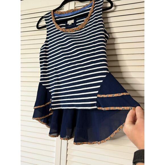 Anthropologie PostMarked Navy Striped Flowy Peplum Sleeveless Top Sz Med N - Picture 2 of 7